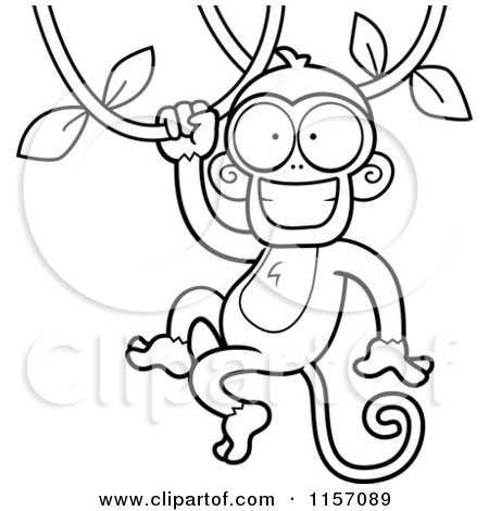 Cartoon Clipart Of A Black And White Happy Monkey Swinging on a Vine - Vector Outlined Coloring Page by Cory Thoman