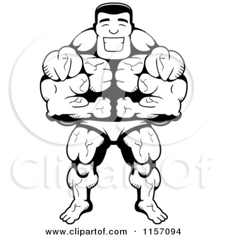 Cartoon Clipart Of A Black And White Body Builder Leaning Forward and Flexing - Vector Outlined Coloring Page by Cory Thoman