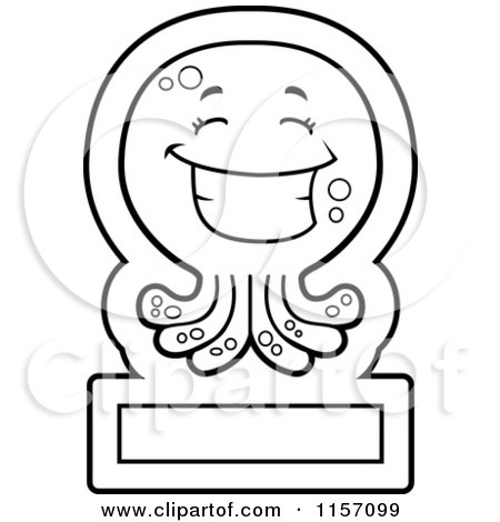 Cartoon Clipart Of A Black And White Happy Octopus over a Blank Sign - Vector Outlined Coloring Page by Cory Thoman