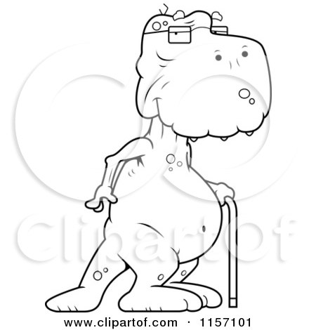 Cartoon Clipart Of A Black And White Old Dinosaur Using a Cane - Vector Outlined Coloring Page by Cory Thoman