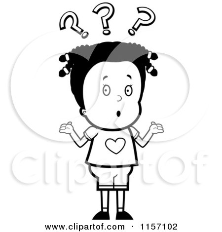 Cartoon Clipart Of A Black And White Confused Girl Shrugging Under Question Marks - Vector Outlined Coloring Page by Cory Thoman