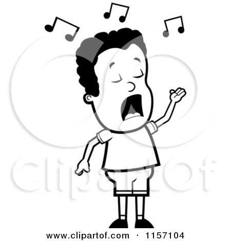 Cartoon Clipart Of A Black And White Singing Boy - Vector Outlined Coloring Page by Cory Thoman