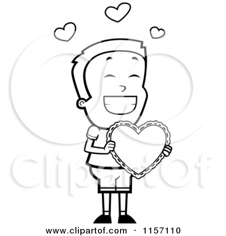 Cartoon Clipart Of A Black And White Happy Boy Holding a Heart Valentine - Vector Outlined Coloring Page by Cory Thoman