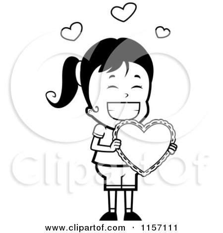 Cartoon Clipart Of A Black And White Happy Girl Proudly Holding a Valentine Heart - Vector Outlined Coloring Page by Cory Thoman