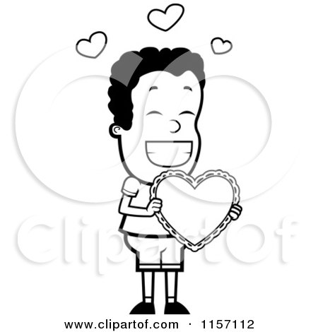 Cartoon Clipart Of A Black And White Happy Boy Holding A Valentine Heart - Vector Outlined Coloring Page by Cory Thoman
