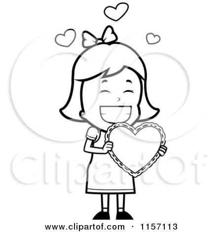 Cartoon Clipart Of A Black And White Valentine Girl Carrying a Heart - Vector Outlined Coloring Page by Cory Thoman
