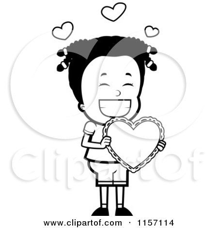 Cartoon Clipart Of A Black And White Girl Holding a Valentine Heart - Vector Outlined Coloring Page by Cory Thoman