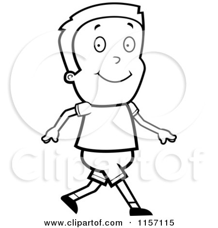 Cartoon Clipart Of A Black And White Boy Walking - Vector Outlined Coloring Page by Cory Thoman