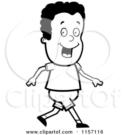 Cartoon Clipart Of A Black And White Happy Man Walking - Vector Outlined Coloring Page by Cory Thoman