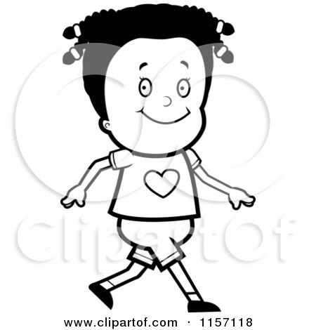 Cartoon Clipart Of A Black And White Happy Girl Walking - Vector Outlined Coloring Page by Cory Thoman