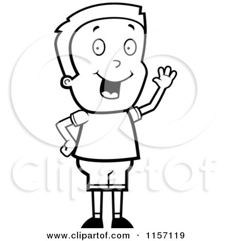 Cartoon Clipart Of A Black And White Friendly Waving Boy Character - Vector Outlined Coloring Page by Cory Thoman