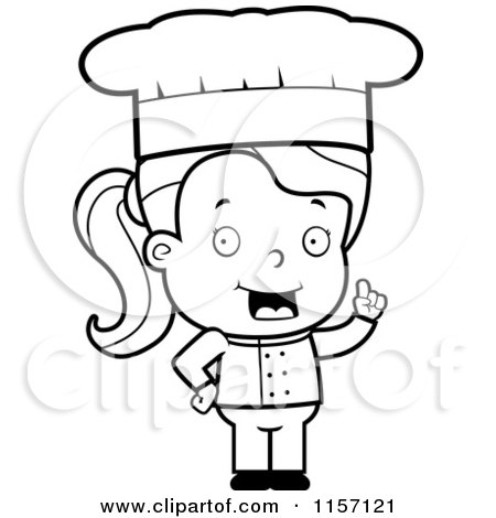 Cartoon Clipart Of A Black And White Cute Chef Girl with an Idea - Vector Outlined Coloring Page by Cory Thoman