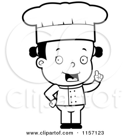 Cartoon Clipart Of A Black And White Toddler Girl Chef with an Idea - Vector Outlined Coloring Page by Cory Thoman