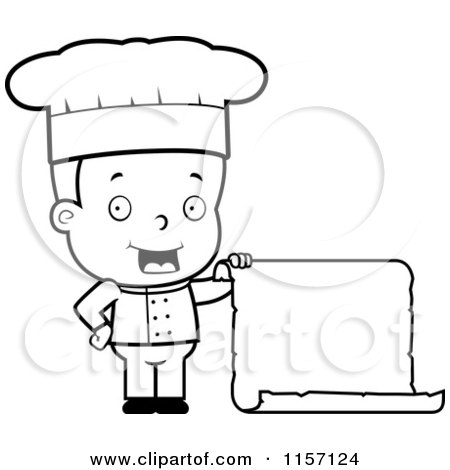 Cartoon Clipart Of A Black And White Male Toddler Chef Holding a Blank Menu - Vector Outlined Coloring Page by Cory Thoman