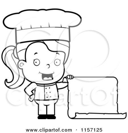 Cartoon Clipart Of A Black And White Female Toddler Chef Holding a Blank Menu - Vector Outlined Coloring Page by Cory Thoman