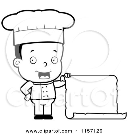 Cartoon Clipart Of A Black And White Chef Boy Holding a Menu Scroll - Vector Outlined Coloring Page by Cory Thoman