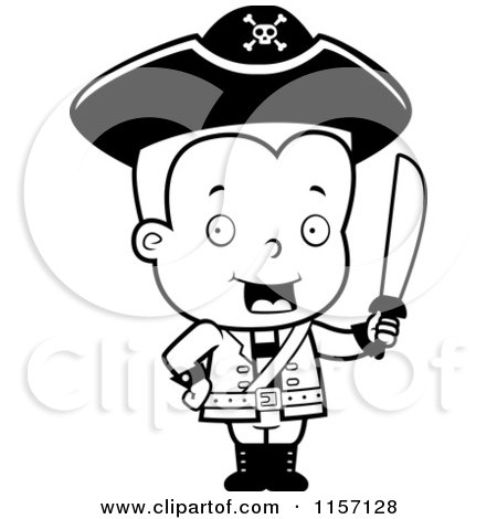 Cartoon Clipart Of A Black And White Pirate Boy Holding up a Sword - Vector Outlined Coloring Page by Cory Thoman