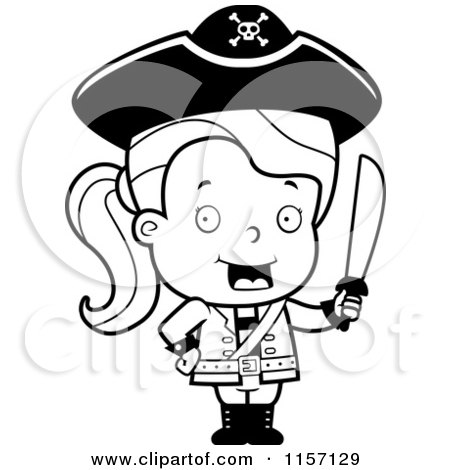 Cartoon Clipart Of A Black And White Toddler Pirate Girl Holding a Sword - Vector Outlined Coloring Page by Cory Thoman