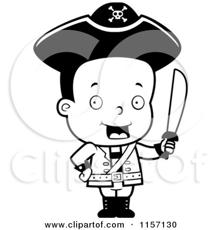 Cartoon Clipart Of A Black And White Toddler Pirate Bioy Holding a Sword - Vector Outlined Coloring Page by Cory Thoman