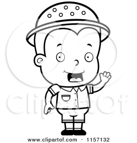 Cartoon Clipart Of A Black And White Toddler Safari Boy Waving - Vector Outlined Coloring Page by Cory Thoman