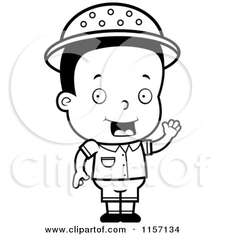Cartoon Clipart Of A Black And White Toddler Safari Boy Waving - Vector Outlined Coloring Page by Cory Thoman