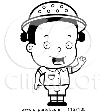 Cartoon Clipart Of A Black And White Toddler Safari Girl Waving - Vector Outlined Coloring Page by Cory Thoman