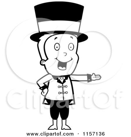 Cartoon Clipart Of A Black And White Circus Man Wearing a Hat and Presenting - Vector Outlined Coloring Page by Cory Thoman