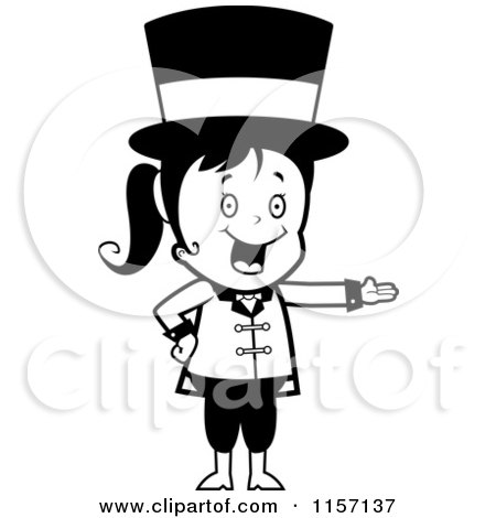 Cartoon Clipart Of A Black And White Circus Woman Wearing a Hat and Presenting - Vector Outlined Coloring Page by Cory Thoman