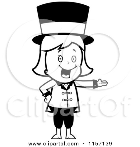 Cartoon Clipart Of A Black And White Circus Woman Wearing a Hat and Presenting - Vector Outlined Coloring Page by Cory Thoman