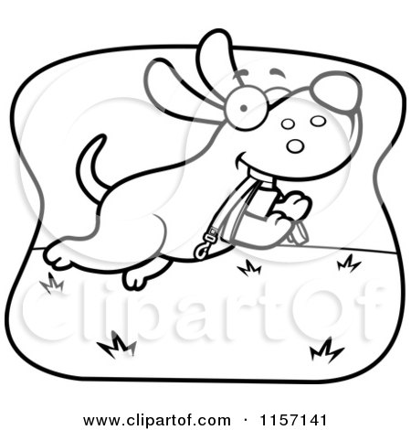 Cartoon Clipart Of A Black And White Dog Running with a Leash in His Mouth - Vector Outlined Coloring Page by Cory Thoman