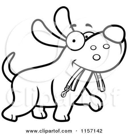 Cartoon Clipart Of A Black And White Dog Walking with a Leash in His Mouth - Vector Outlined Coloring Page by Cory Thoman