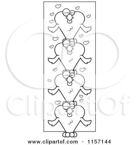 Cartoon Clipart Of A Black And White Totem Pole of Heart Shaped Love Birds - Vector Outlined Coloring Page by Cory Thoman