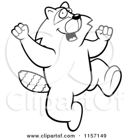 Cartoon Clipart Of A Black And White Excited Raccoon Jumping - Vector Outlined Coloring Page by Cory Thoman