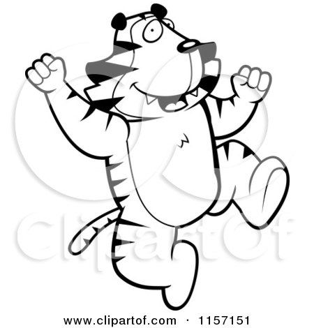 Cartoon Clipart Of A Black And White Happy Jumping Tiger - Vector Outlined Coloring Page by Cory Thoman