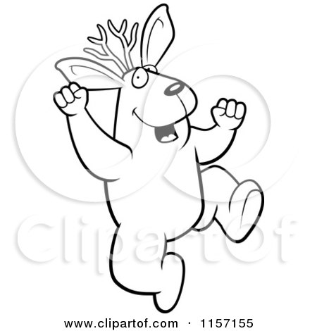 Cartoon Clipart Of A Black And White Excited Jackalope Jumping - Vector Outlined Coloring Page by Cory Thoman