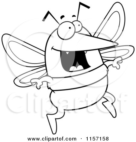 Cartoon Clipart Of A Black And White Happy Mosquito Jumping - Vector Outlined Coloring Page by Cory Thoman