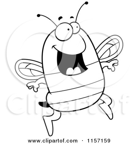 Cartoon Clipart Of A Black And White Happy Jumping Bee - Vector Outlined Coloring Page by Cory Thoman
