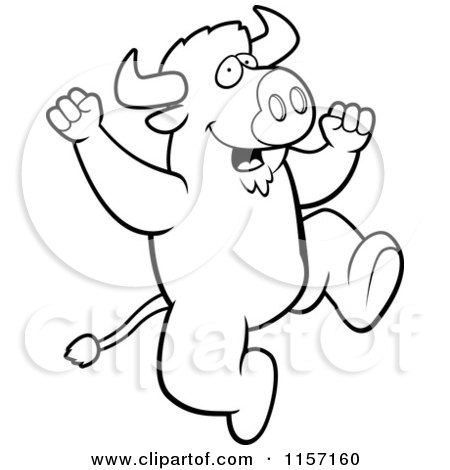Cartoon Clipart Of A Black And White Jumping Buffalo - Vector Outlined Coloring Page by Cory Thoman