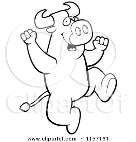 Cartoon Clipart Of A Black And White Excited Bull Jumping - Vector Outlined Coloring Page by Cory Thoman