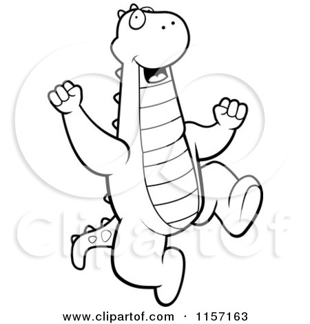 Cartoon Clipart Of A Black And White Happy Dragon Jumping - Vector Outlined Coloring Page by Cory Thoman