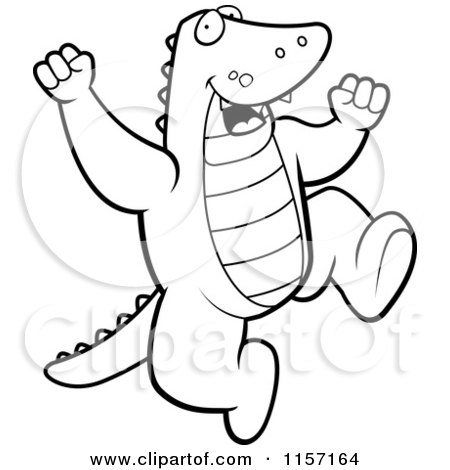 Cartoon Clipart Of A Black And White Happy Alligator Jumping - Vector Outlined Coloring Page by Cory Thoman