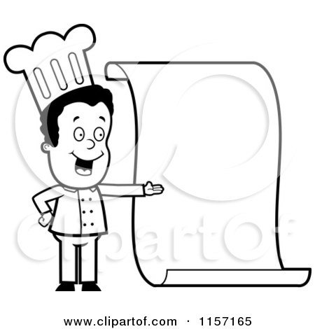 Cartoon Clipart Of A Black And White Friendly Female Chef Presenting a Blank Menu - Vector Outlined Coloring Page by Cory Thoman