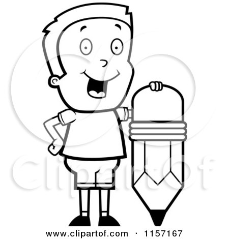 Cartoon Clipart Of A Black And White Happy Boy Standing by a Pencil - Vector Outlined Coloring Page by Cory Thoman