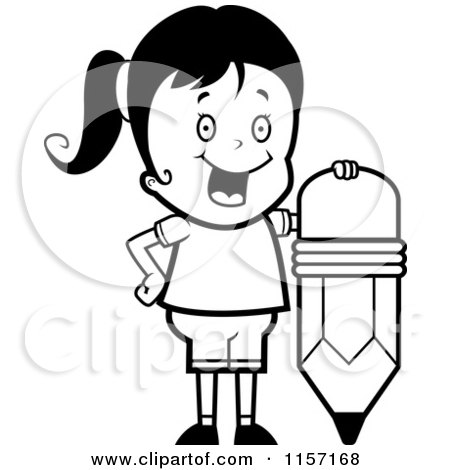 Cartoon Clipart Of A Black And White Girl With A Pencil - Vector Outlined Coloring Page by Cory Thoman