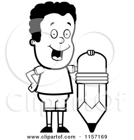 Cartoon Clipart Of A Black And White Happy Boy Leaning on a Stubby Pencil - Vector Outlined Coloring Page by Cory Thoman