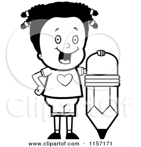 Cartoon Clipart Of A Black And White Happy Girl with a Big Pencil - Vector Outlined Coloring Page by Cory Thoman