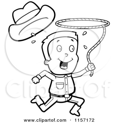 Cartoon Clipart Of A Black And White Happy Cowboy Running and Swinging a Lasso - Vector Outlined Coloring Page by Cory Thoman