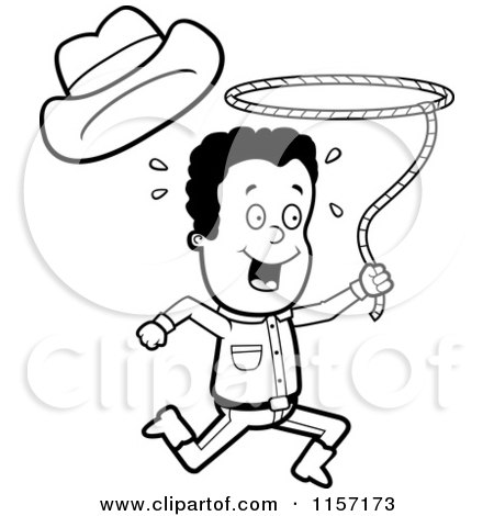 Cartoon Clipart Of A Black And White Cowboy Swinging a Lasso - Vector Outlined Coloring Page by Cory Thoman
