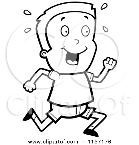 Cartoon Clipart Of A Black And White Running Boy - Vector Outlined Coloring Page by Cory Thoman