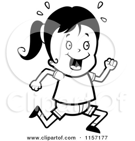 Cartoon Clipart Of A Black And White Happy Girl Running - Vector Outlined Coloring Page by Cory Thoman